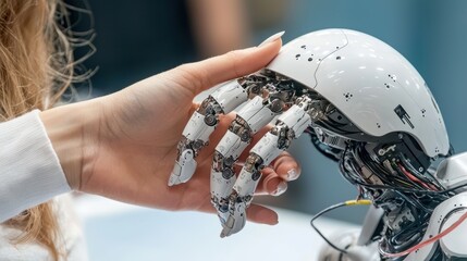 Aufkleber - A human hand interacts with a robotic hand, showcasing advanced technology and potential in robotics and human-robot interaction.
