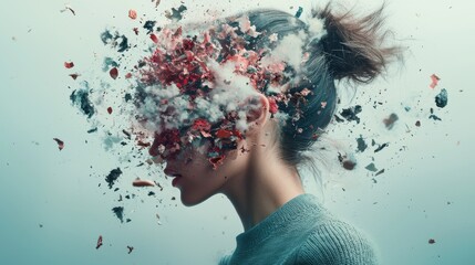 Poster - A surreal depiction of a woman with her head disintegrating into colorful fragments, symbolizing chaos and transformation.