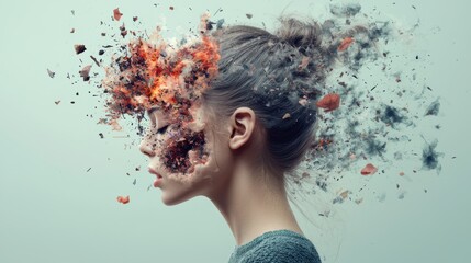 Poster - A surreal image of a woman's profile, with her head erupting into a colorful explosion of particles and smoke, symbolizing creativity and chaos.