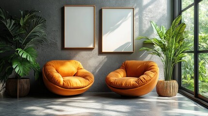 Sticker - Modern Living Room Interior Design with Orange Swivel Chairs and Greenery