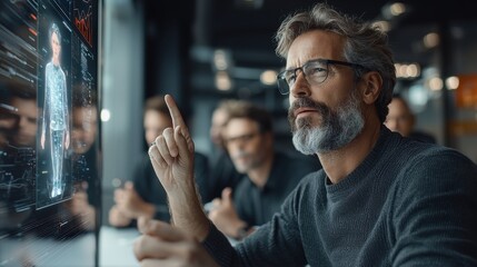 Poster - A man with glasses interacts with a holographic display, surrounded by colleagues, showcasing advanced technology in a modern workspace.