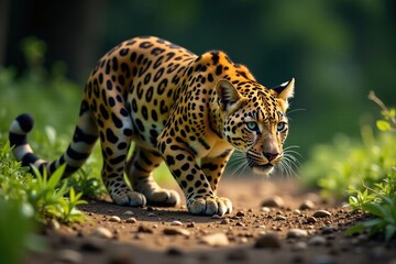 leopard crouches low to the ground as it stalks its prey, crouch, predator