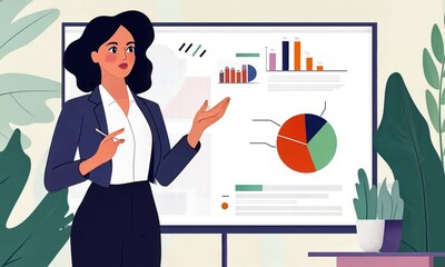 Poster - Confident Businesswoman Giving a Presentation with Charts and Graphs