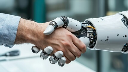 Aufkleber - Robotic handshake demonstrates human-robot collaboration modern office photography futuristic environment close-up