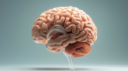 Poster - A detailed, realistic rendering of a human brain, showcasing its complex structure and folds against a soft gray background.