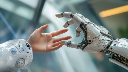 Poster - a human hand reaches out to touch a robotic hand, symbolizing the connection between humanity and ad