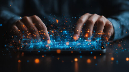 Poster - Digital Transformation: A close-up of hands interacting with a futuristic digital interface on a smartphone, showcasing the power of technology to connect, innovate, and transform the world. 