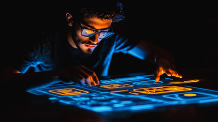 Poster - The Digital Architect: A young man with focused determination, navigates a glowing, futuristic interface. His eyes, illuminated by the screen's blue and orange hues.