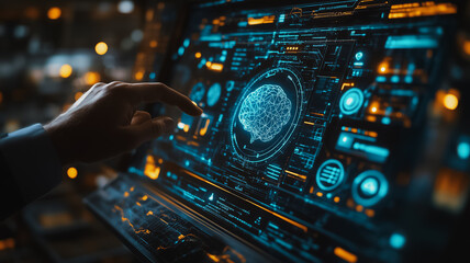 Poster - digital brainpower: a hand reaches out to touch a glowing brain icon on a futuristic digital interfa