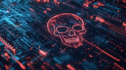 Poster - Cybersecurity Threat Digital Skull on Circuit Board  Illustrating Hacking Danger and Digital Risks