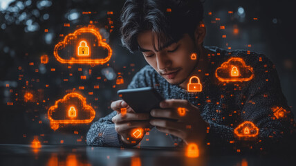 Poster - cybersecurity: a young man uses his smartphone with glowing clouds and padlock icons surrounding him
