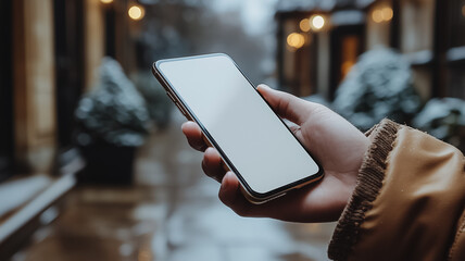 Wall Mural - winter smartphone mockup: hand holding smartphone with blank screen on a cold winter city street