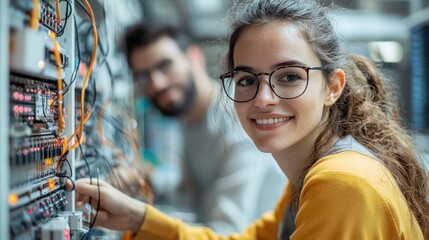 Aufkleber - A young woman smiles while working on electronic equipment, showcasing her skills in a technical environment alongside a male colleague.