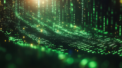 Poster - Digital Matrix Flow: Abstract green digital data stream cascading down, creating a mesmerizing technological landscape. Perfect for tech concepts, futuristic designs, and digital art. 