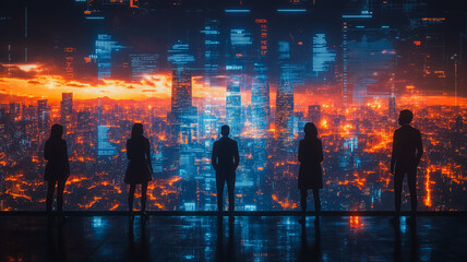 Aufkleber - Team Silhouettes Over Futuristic Cityscape 