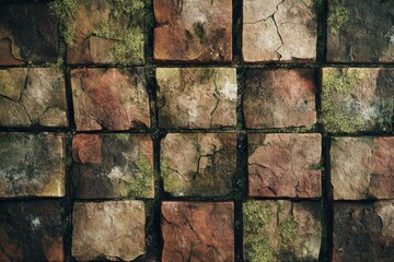 Wall Mural - Weathered stone pavement texture with moss.