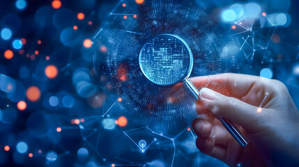 Poster - Magnifying Glass Over Digital Data Visualization with Blue and Orange Bokeh Effects for Technology and Innovation Concepts