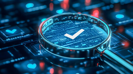 Poster - Magnifying Glass Focused on Digital Data with Checkmark Symbol on Keyboard Background in Blue and Red Lighting