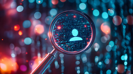Poster - Futuristic digital magnifying glass revealing user profile data in abstract technology background with glowing particles and bokeh effects