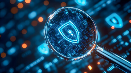 Poster - High-Tech Magnifying Glass Over Security Shield Symbol with Digital Background