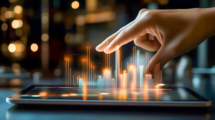 Poster - Hand Interacting with Digital Interface Displaying Colorful Bar Graphs and Data Visualizations on Tablet Device in Modern Setting