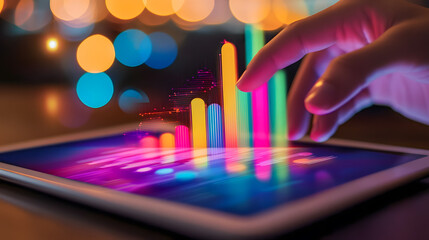 Poster - Vibrant Digital Analytics Display on Tablet with Colorful Graphs and Blurred Backdrop of Bokeh Lights for Business Insights