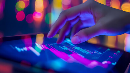Poster - Close-up of a Hand Interacting with Digital Financial Data on a Tablet Screen Surrounded by Colorful Bokeh Lights at Night