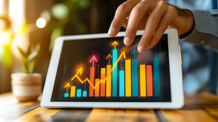 Poster - Hand Using Tablet to Analyze Colorful Financial Chart Data with Growth Indicators in Bright Office Environment