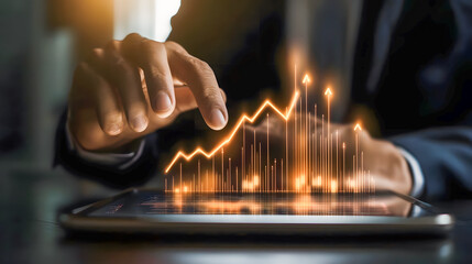 Poster - Close-up View of Businessman Hand Interacting with Digital Financial Graphs on Tablet Screen for Economic Growth Concept