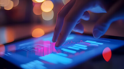 Poster - Close-Up View of a Hand Interacting with a Digital Tablet Displaying Colorful Data Visualization and Analytics Graphs