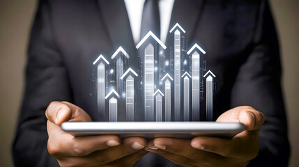 Poster - Businessman Holding Tablet with Digital Graphs Indicating Growth and Progress in Modern Finance and Technology Environment
