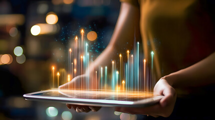 Poster - Futuristic digital tablet with glowing data visualization and upward arrows representing growth and innovation in technology