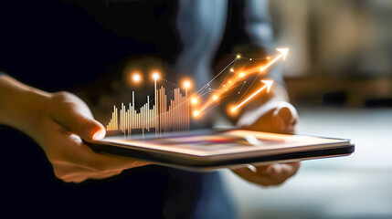 Poster - Hands holding a tablet with glowing graph, representing data analysis, technology advancement, and business growth concepts