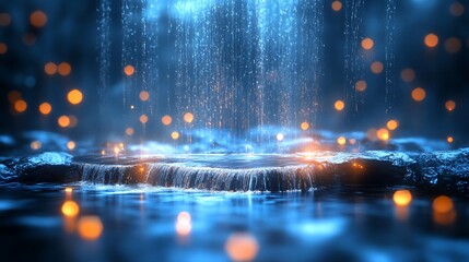 Wall Mural - Magical waterfall with blue glow and bokeh lights.
