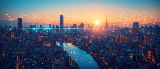 Poster - Vibrant city skyline at sunset with digital connections overlay