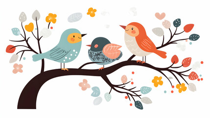 Naklejka na meble Happy bird family on blossoming branch, spring nature background, ideal for children's book illustration.