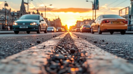 Poster - A vibrant sunset casts a golden hue over a city street lined with vehicles, creating a striking urban landscape.