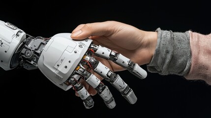 Poster - A human hand and a robotic hand are reaching out to each other, symbolizing the connection between humanity and technology.