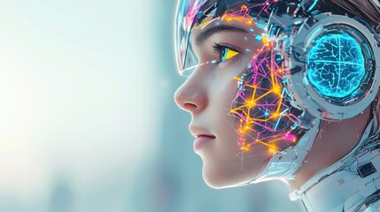Poster - A futuristic portrait of a humanoid robot featuring glowing circuitry and a serene expression, blending technology and humanity.