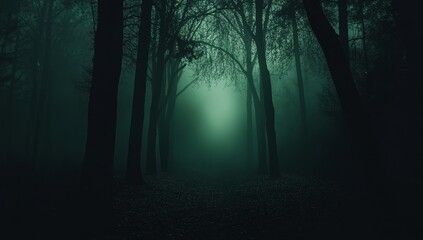  Eerie fog shrouds dark forest path at night.