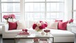 © mashimara - Modern Chic Living Room: A white sectional sofa with plush pink pillows and a large bouquet of pink peonies graces a contemporary living space.