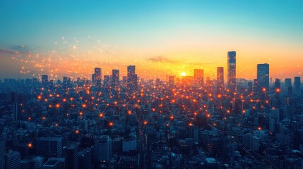 Poster - City skyline at sunset with a digital network overlay