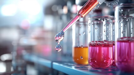 Poster - A close-up of a pipette dripping colorful liquids into glass vials, showcasing a vivid laboratory environment.