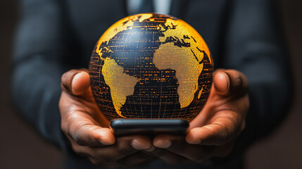 Poster - Global Connection:  A businessman's hands gently cradle a golden globe, resting on a smartphone, symbolizing worldwide connectivity and business opportunities.