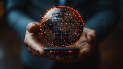 Poster - Global Connection: A hand cradles a glowing digital globe, symbolizing the power of technology to connect the world.