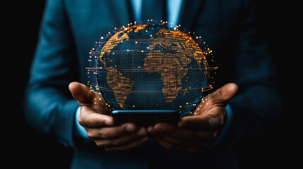 Poster - Global Connectivity: Businessman Holding Holographic Earth on Smartphone 