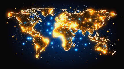 Poster - Global Network: A futuristic, abstract, and visually stunning world map rendered in glowing lines of light, illuminating the interconnectedness of our planet.  