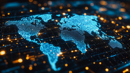 Poster - Global Network: A mesmerizing abstract world map with glowing blue lines, connecting continents and symbolizing interconnectedness, globalization, and the flow of information.  
