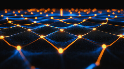 Poster - Abstract Network Connection: Glowing nodes and lines form a dynamic, interconnected web, symbolizing global communication, digital transformation, and technological advancement.  