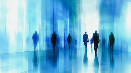 Poster - Blue Corridor of Progress: Abstract figures in suits walk towards a bright light, symbolizing a journey towards success and the future.  The blurred motion and cool tones convey a sense of movement.